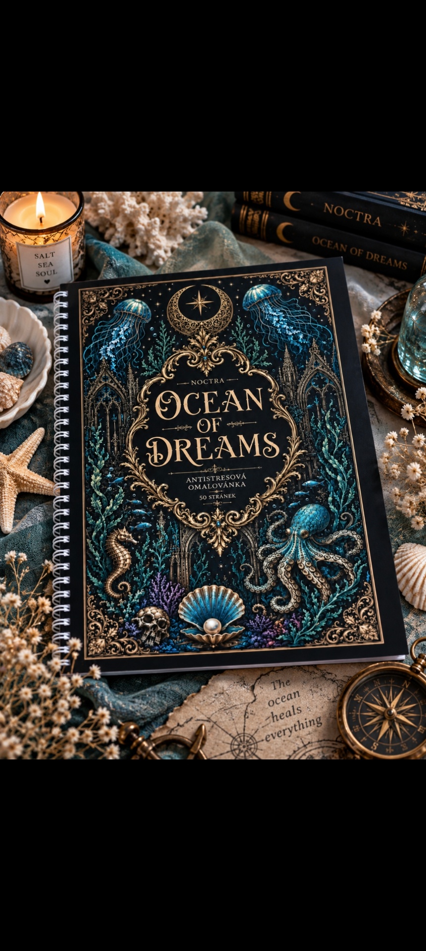 Přední obal antistresových omalovánek Ocean of Dreams s medúzami, chobotnicí a zlatými ornamenty